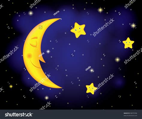 Cartoon Moonlit Night With Sleeping Moon And Smiling Stars