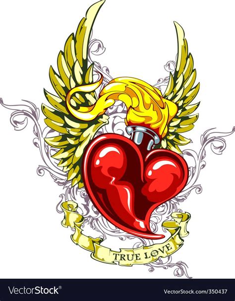 Burning Heart With Wings Ribbon And Flourish Pattern Grunge Style
