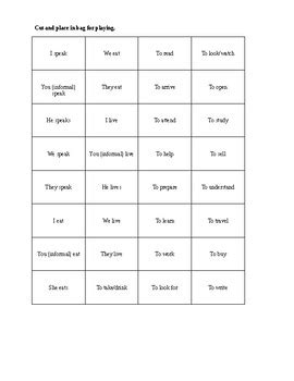 Spanish Bingo Present Indicative Regular Verbs By Jenee C Tpt