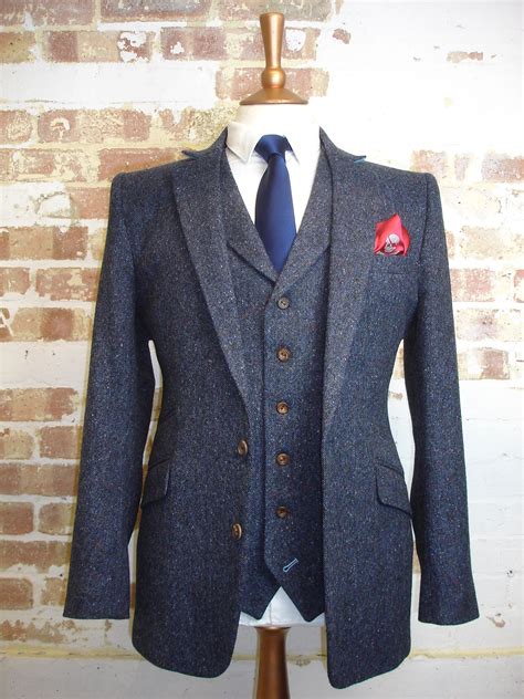 Bespoke 3 Piece Wedding Suit In Blue Herringbone Donegal Tweed