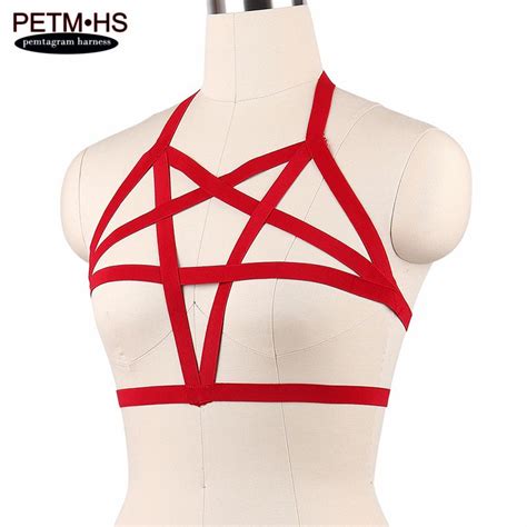 2019 womens sexy pentagram harness body cage bra red strappy tops bustier bondage goth lingerie