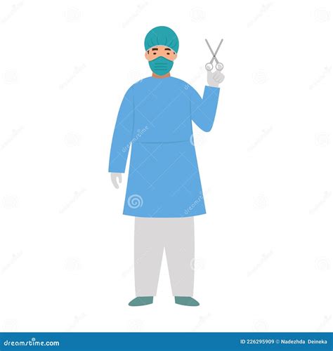 Cartoon Masked Surgeon With Scissors Character For Children Flat