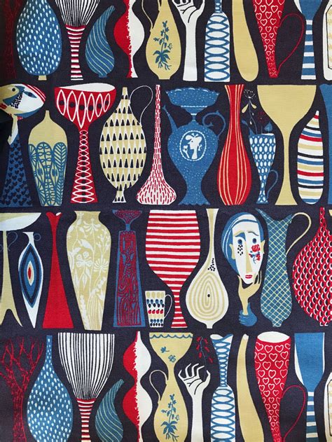 Swedish Vintage Fabric Retro Print Stig Lindberg Pottery Mid Century