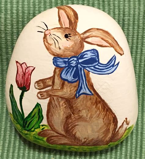 Easter Bunny Rabbit Painted Rock Holiday Painting Spring Painting