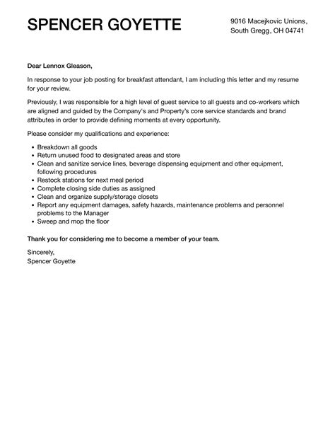 Breakfast Attendant Cover Letter | Velvet Jobs