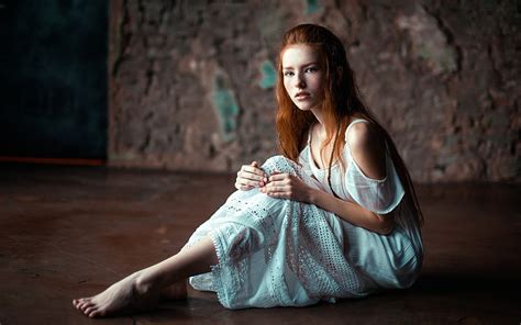 Sitting Redhead Women Looking At Viewer Model Dress Wallpapers Hd