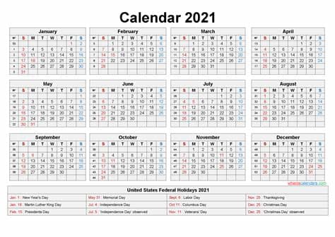 Free printable 2021 year calendar template with the classic year at a glance layout will be great for your printable yearly calendar for 2021. Free Printable Yearly 2021 Calendar with Holidays as Word ...