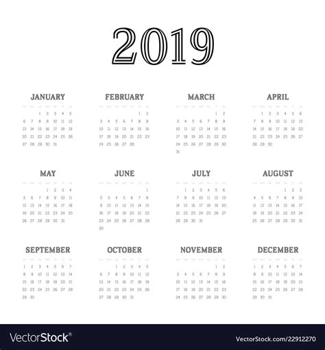 Calendar Year 2019 Week Starts From Royalty Free Vector