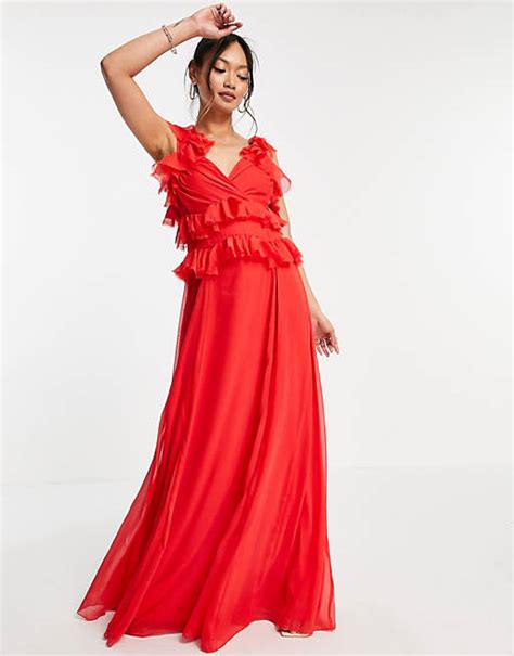 Asos Design Tiered Ruffle Maxi Dress With Tie Back In Red Asos