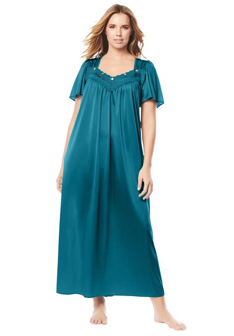 Only Necessities Womens Plus Size Long Silky Lace Trim Gown Pajamas