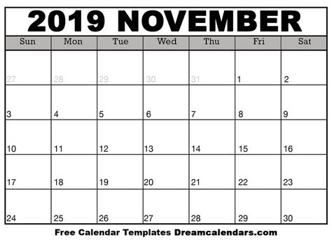 Template November Calendar 2019 Printable Monthly Calendar Template