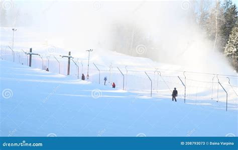 Working Snow Making Machine On Ski Resort Snow Blower In Action Sunny