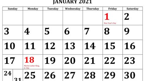 Free Printable January Holidays 2021 Calendar Template