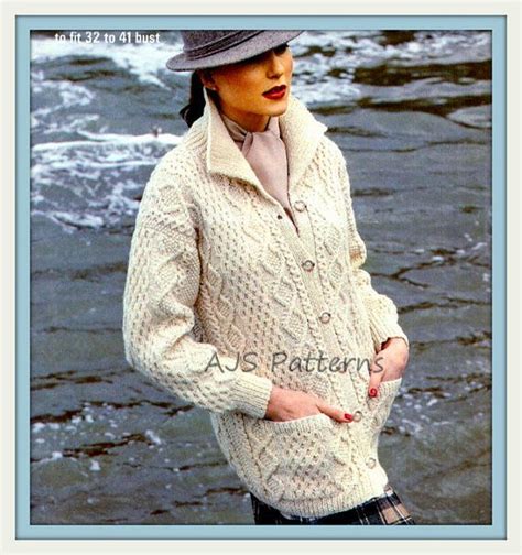 pdf knitting pattern ladies cabled aran jacket cardigan coat instant digital download