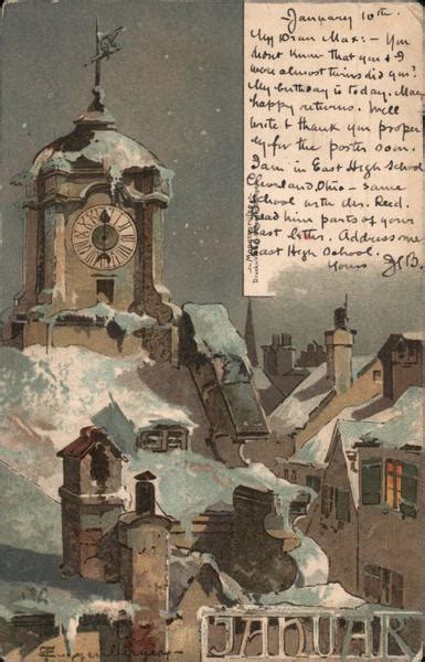 Clock Tower In Town Covered In Snow In January Months Postcard