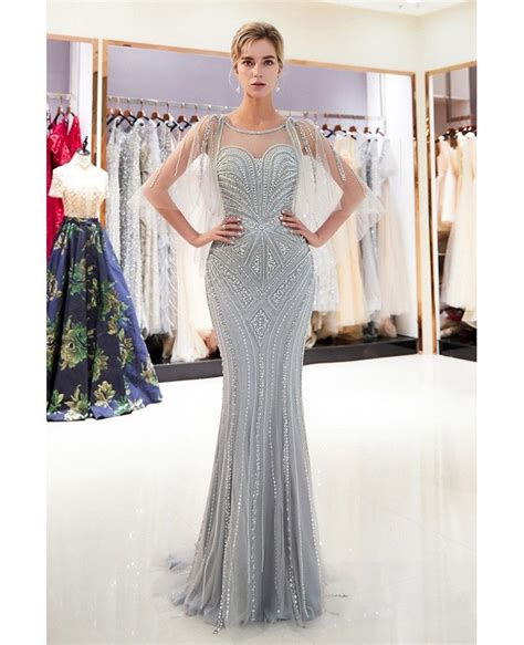 Silver Mermaid Long Beading Tulle Prom Dress With Cape Sleeves F018