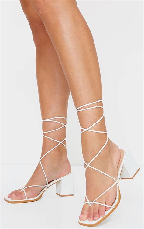 White Square Toe Block Heel Strappy Toe Thong Sandals