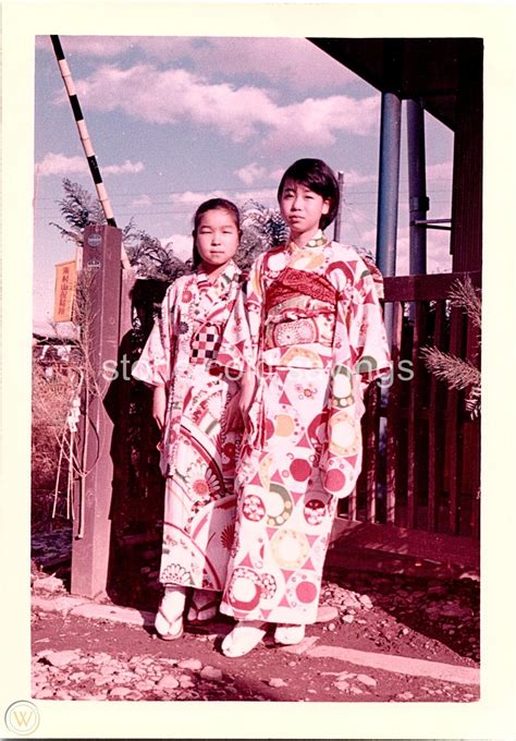 asian found photo 50s 60s japanese girls in kimono robes by a train station 4343667053