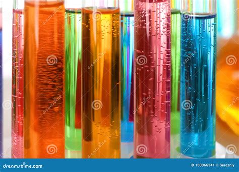 Many Test Tubes With Colorful Liquids Closeup Stock Image Image Of