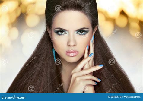 Beautiful Model Brunette With Makeup Long Hair Manicured Nails Stock