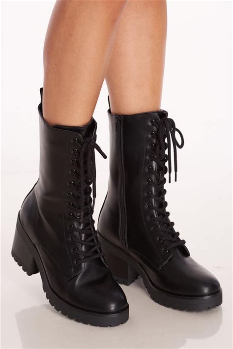 Faux Leather Combat Platform Boots Black Discovery Clothing Boots