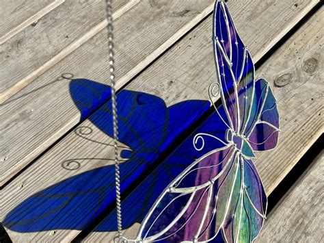 Iridescent Cobalt Blue Stained Glass Butterfly Lead Free Suncatcher