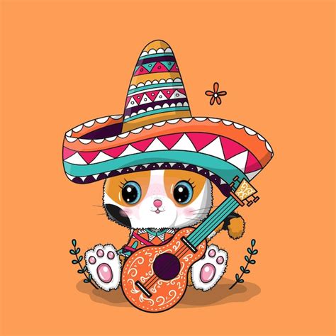 Premium Vector Cute Cartoon Cat With Mexico Hat Cinco De Mayo