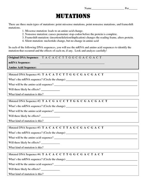 They compare how point mutations and frameshift mutations have very different overall impacts on the final amino acid sequence. 19 Best Images of The Genetic Code Worksheet Answers ...