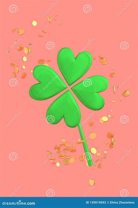 Irish Lucky Four Leaf Clover And Golden Coins St Patrick`s Day