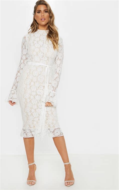 White Lace Button Frill Hem Midi Dress Prettylittlething Aus