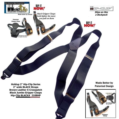Black Hip Clip X Back Trucker Style Holdup Suspenders With Patented Gr