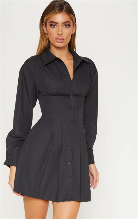 Black Pleated Waist Detail Shirt Dress Prettylittlething