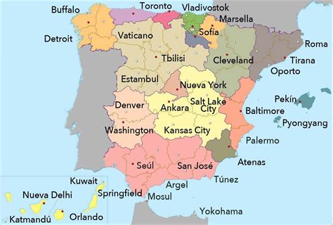 Qué Chulo Un Mapa De España Con Ciudades Extranjeras A La Misma