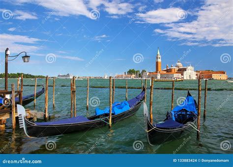 Gondolas Moored Near San Marco Square Across From San Giorgio Ma Stock