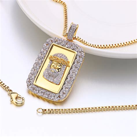 Square Necklace Pendant For Men Gold Color Clear Rhinestones Mens