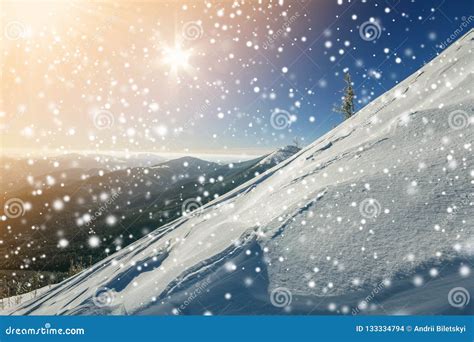 Beautiful Winter Landscape Steep Mountain Hill Slope With White Deep