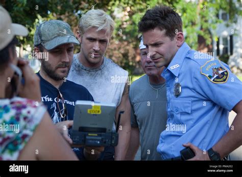 L To R Director Derek Cianfrance Actor Ryan Gosling And Actor Bradley Cooper On The Set Of