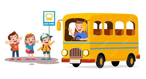Premium Vector Happy Cute Kids Wait School Bus With Friends