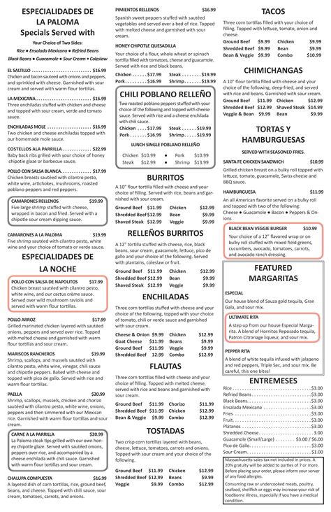 Menu La Paloma Restaurant