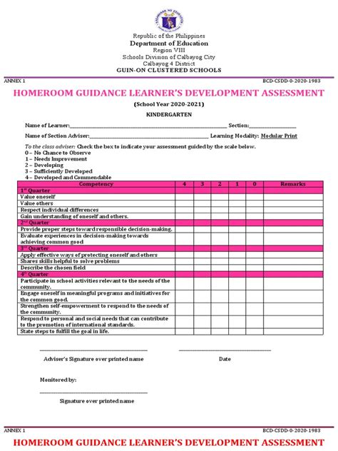 Homeroom Guidance Learners Development Assessment Pdf Learning