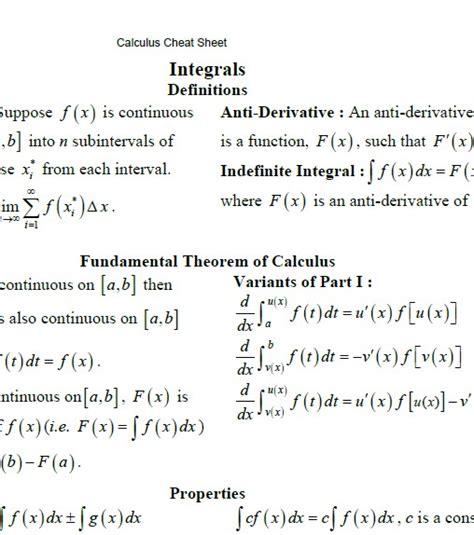 Printable Calculus Cheat Sheet Calculus Cheat Sheet Integrals Images