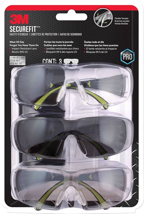3m pro securefit 400 eye protection safety glasses black frame and 3 lens styles anti fog 3