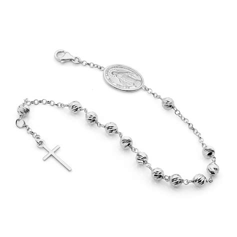 18kt White Gold Diamond Cut Rosary Bracelet Holy Grace