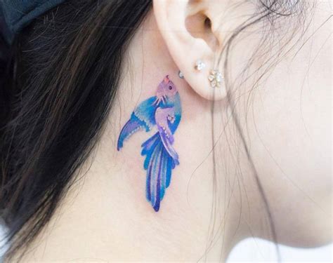 Watercolor Fish Tattoo On The Neck