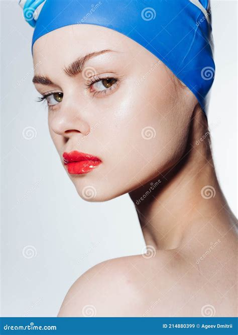Nude Woman In Blue Swimming Cap Red Lips Stock Image Image Of Focused Caucasian 214880399