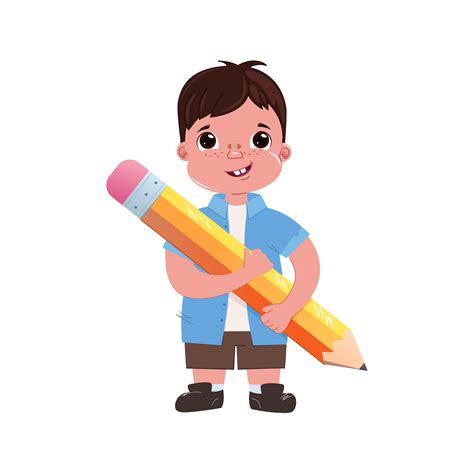 Child Boy Schoolboy With A Big Cute Pencil Go To School Lets Study