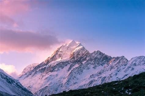 Snow Covered Mountain Peak At Sunset Winter Mountains Landscape Stock