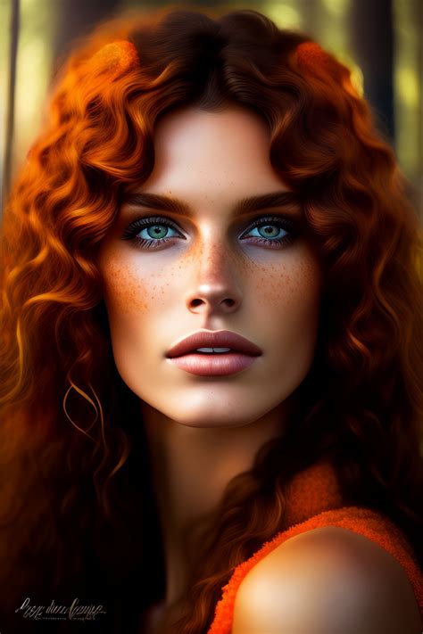 lexica brunette wild hair orange eyes freckles forest woman