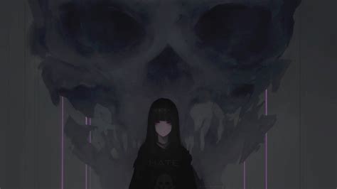 Download Wallpaper 2560x1440 Anime Girl Purple Eyes Dark Skull Dual