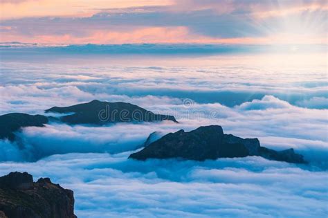 Beautiful Sunset Over The Mountains Madeira Stock Image Image Of